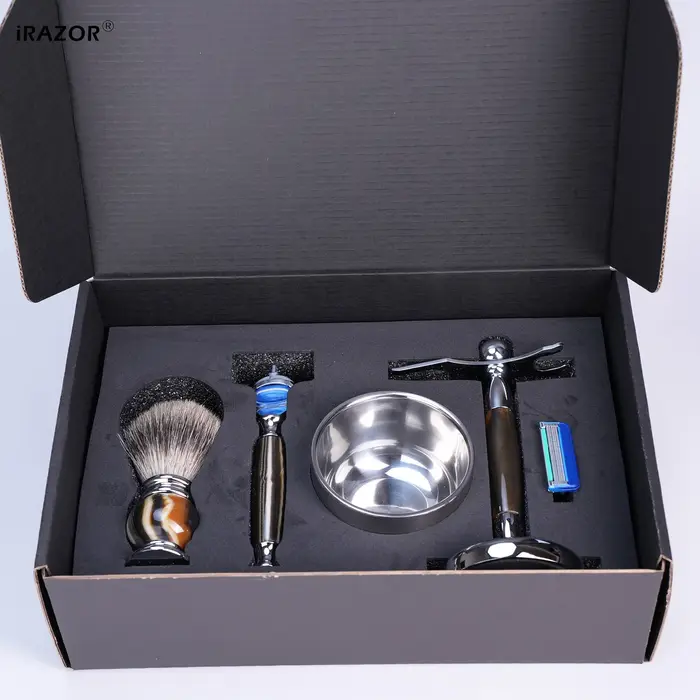 IRAZOR luxe 5 lames F5 Fusion rasoir Kit de rasage pour hommes avec poignée en résine argenté blaireau brosse à cheveux bol outil de toilettage cadeau
