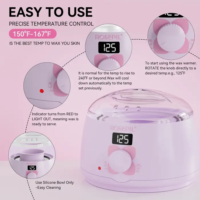 Kit chauffe-cire premium ROSEPIL 38 pièces avec pot en silicone de 450 ml et 6 sachets de cire douce à faible irritation pour différentes zones du corps