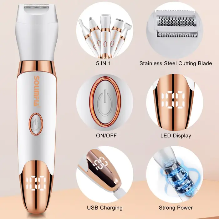 Solimpia 5 en 1 dispositif d'épilation électrique Rechargeable corps nez tondeuse sourcils Kit de toilettage pour femme