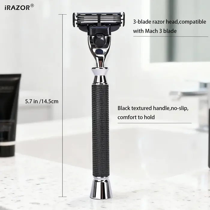 IRAZOR Rasoir manuel pour homme avec manche antidérapant texturé noir compatible avec la cartouche de lame Mach 3 pour un rasage fluide