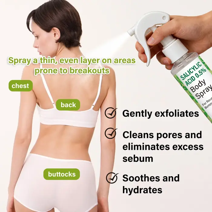 Spray corporel à l'acide salicylique 0,5% avec acide glycolique et panthénol – Formule coréenne pour peaux rugueuses et irrégulières