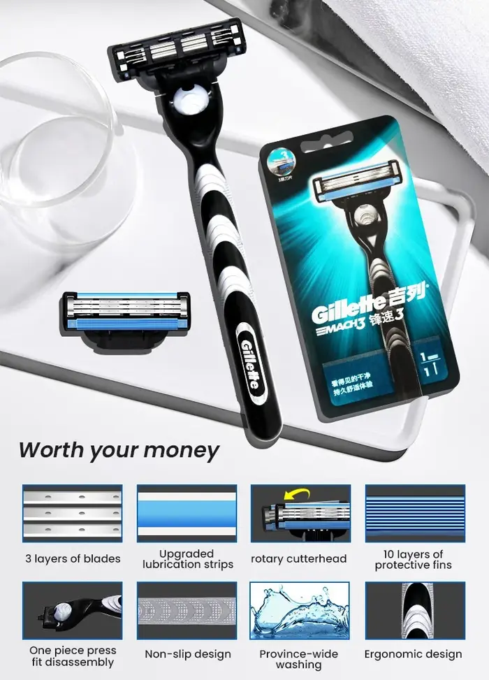 Gillette-Rasoir Mach3 à 3 couches pour hommes