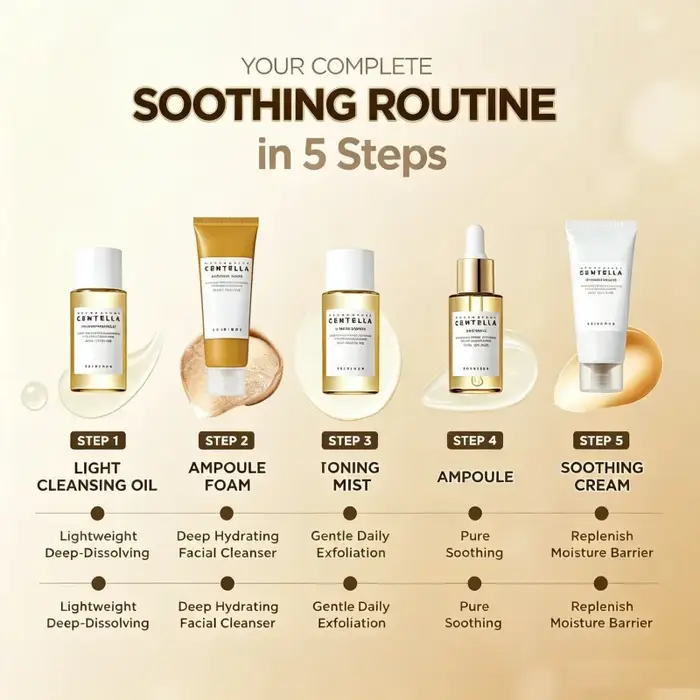 Kit de voyage coréen à la centella, tonique, ampoule, crème apaisante, huile nettoyante, mousse nettoyante, soins quotidiens de base, mini coffret cadeau de 5 pièces