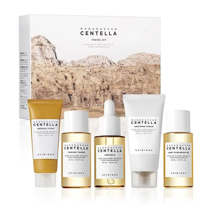 Kit de voyage coréen à la centella, tonique, ampoule, crème apaisante, huile nettoyante, mousse nett