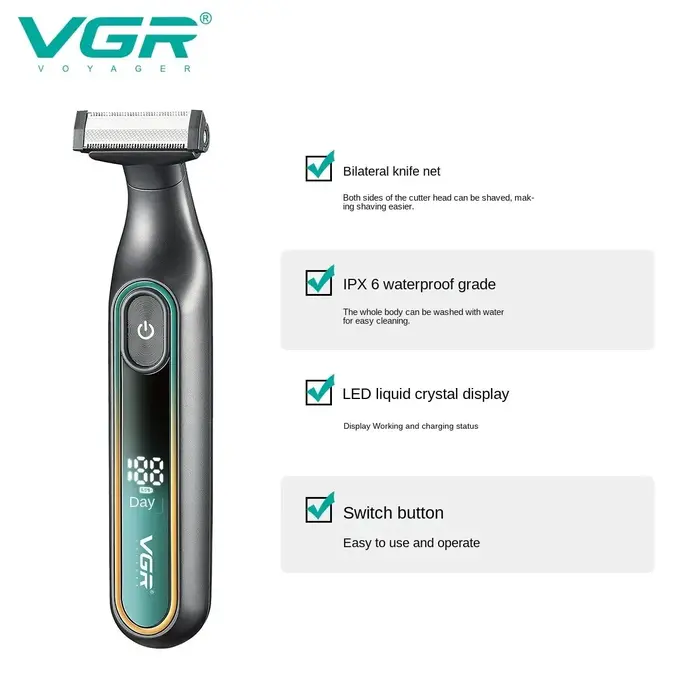 VGR Rasoirs électriques Rasoir homme électrique Rasoir électrique hommes Rasoir électrique Professionnel Machine à raser Étanche Tondeuse à barbe Écran LED Raseur visage Portable Raseur pour hommes V-