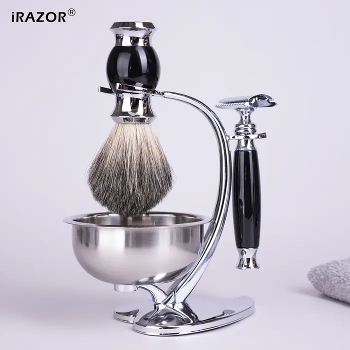 IRAZOR Kit de rasage humide pour homme avec rasoir manuel Brosse à cheveux de blaireau Bol à savon et support - Cadeau