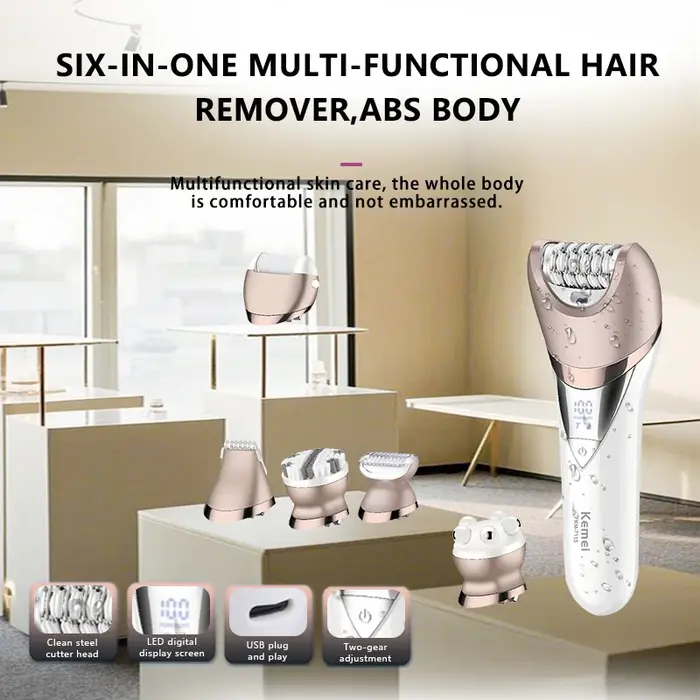 Kemei 7115 Machine d'épilation électrique étanche Massage lavage visage pied broyeur épilateur rasoir 6in1 corps tondeuse femmes