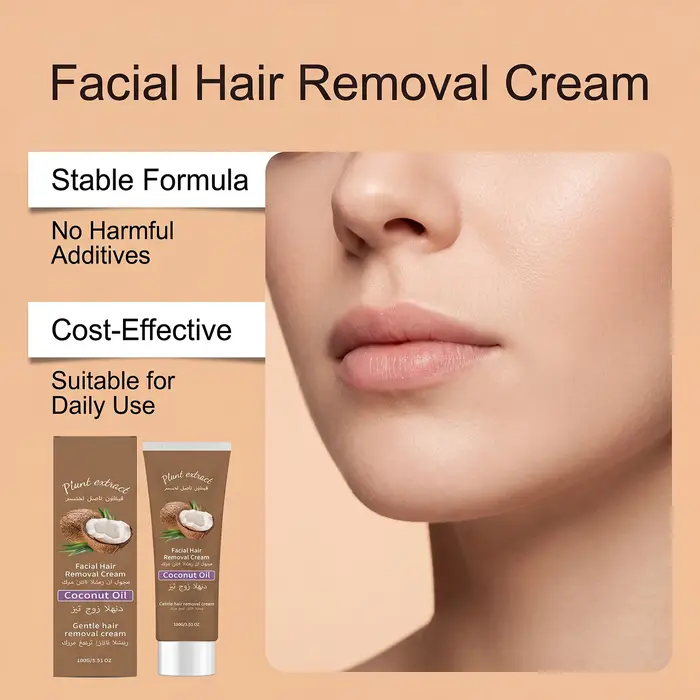 Crème dépilatoire douce 100g à l'huile de coco et à la pêche pour le visage