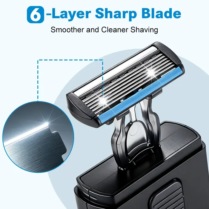 Rasoir Manuel avec Tête Rétractable Coulissante, Rasoir de Sécurité à 6 Lames pour Hommes, Portable pour Voyage Déplacement Professionnel, Poignée Ergonomique, Tête Remplaçable
