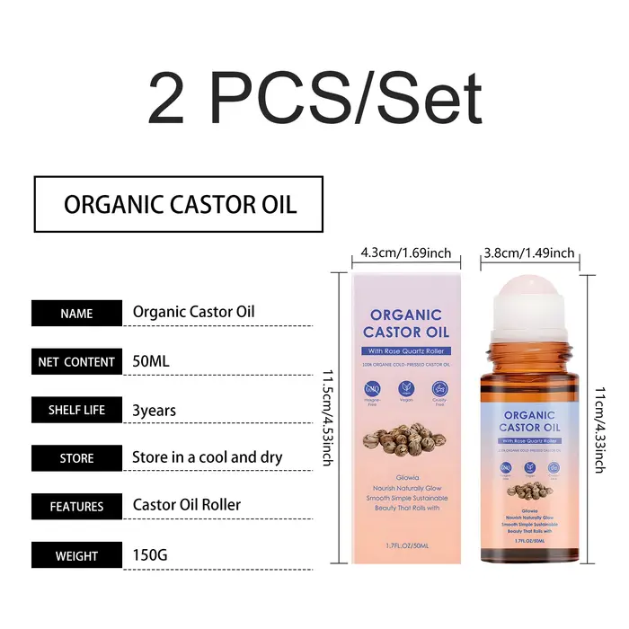 Huile de ricin biologique avec rouleau en quartz rose pour le soin du visage et du corps
