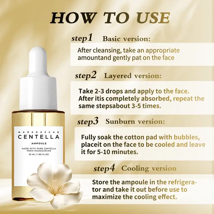 Sérum éclaircissant Centella Asiatica : calme l'irritation, réduit les défauts, équilibre les sébum et diminue les marques sombres pour une peau claire.