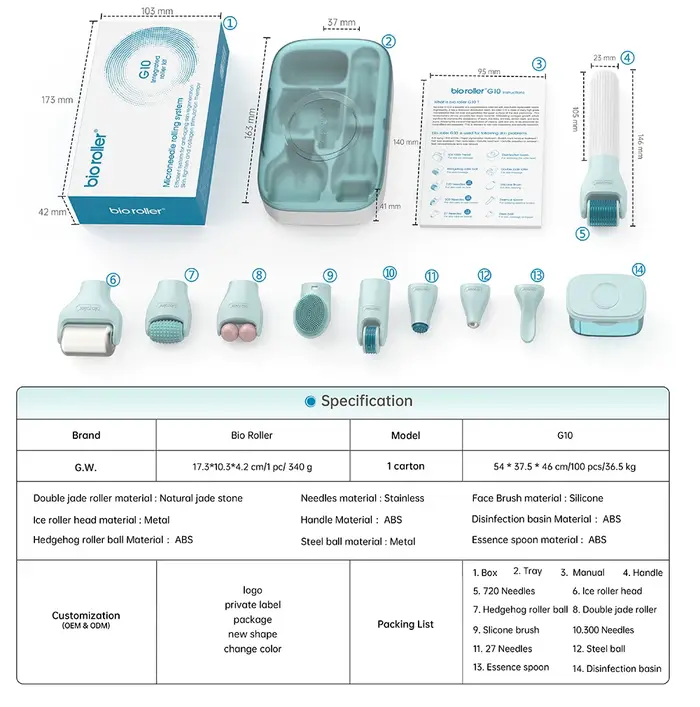 Kit Bio Roller G10 10 en 1 pour la croissance des cheveux, visage, corps, micro-aiguilletage, boule 