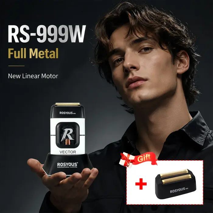 ROSYOUS RS-999W Rasoir Électrique Professionnel à Double Grille 13000 tr/min Moteur Magnétique Vectoriel Entièrement Métallique avec Station de Recharge pour Hommes