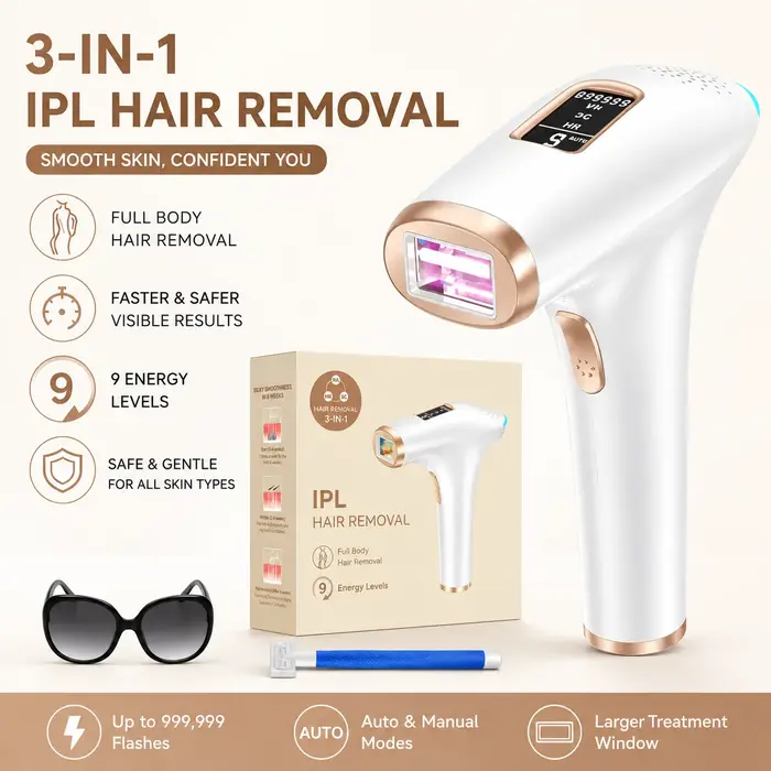 Appareil d'épilation IPL Laser, 999 900 flashs IPL, 9 niveaux et 2 modes, épilateur à lumière pulsée