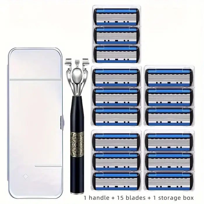 Kit de rasage professionnel 17 pièces pour hommes, rasoir de sécurité manuel, 1 manche, 15 lames, bo