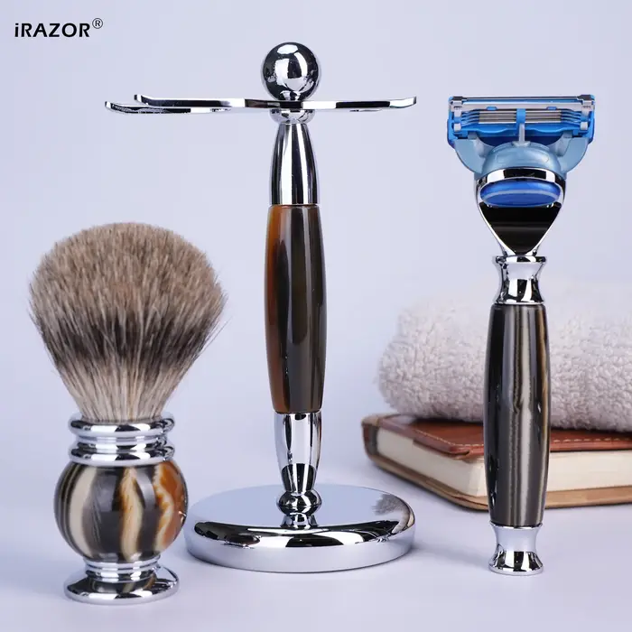 IRAZOR luxe 5 lames F5 Fusion rasoir Kit de rasage pour hommes avec poignée en résine argenté blaireau brosse à cheveux bol outil de toilettage cadeau