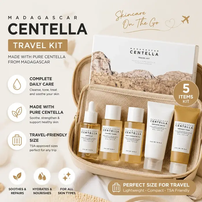 Kit de voyage coréen à la centella, tonique, ampoule, crème apaisante, huile nettoyante, mousse nettoyante, soins quotidiens de base, mini coffret cadeau de 5 pièces