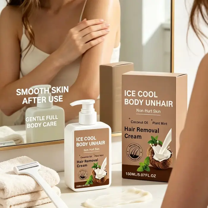 Crème dépilatoire pour le corps, pour les jambes, les bras, les aisselles, à l'huile de noix de coco, hydratante, non irritante, indolore, à la menthe glacée, 150 ml