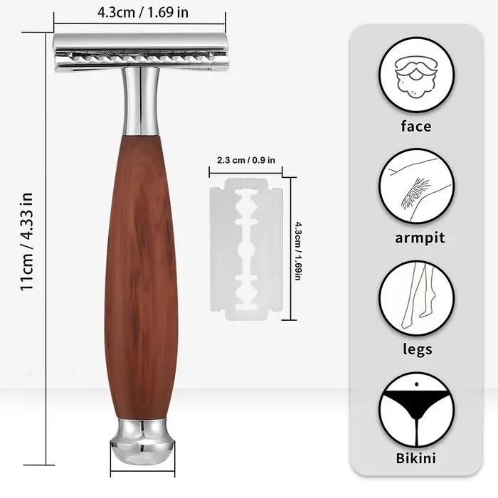 Rasoir de sécurité pour hommes avec manche imitation bois et 5 lames en acier inoxydable suisse, rasoir robuste et écologique