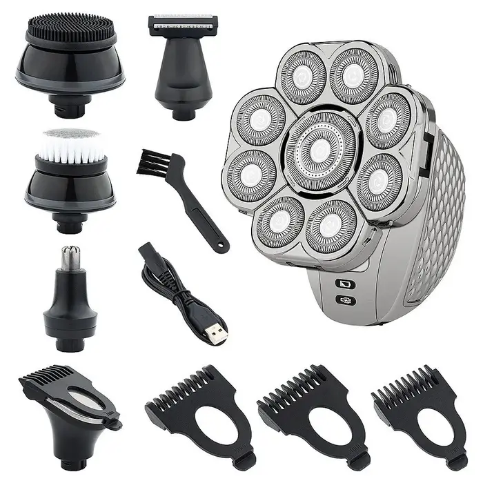 Rasoir électrique multifonctionnel 9 lames flottantes 6-en-1 rechargeable pour la tête chauve