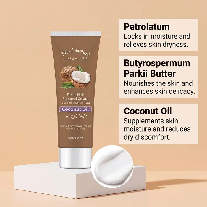 Crème dépilatoire douce 100g à l'huile de coco et à la pêche pour le visage