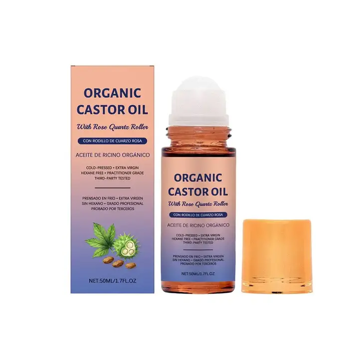 Huile de ricin biologique avec applicateur à bille en quartz rose, huile pour le soin des cheveux et