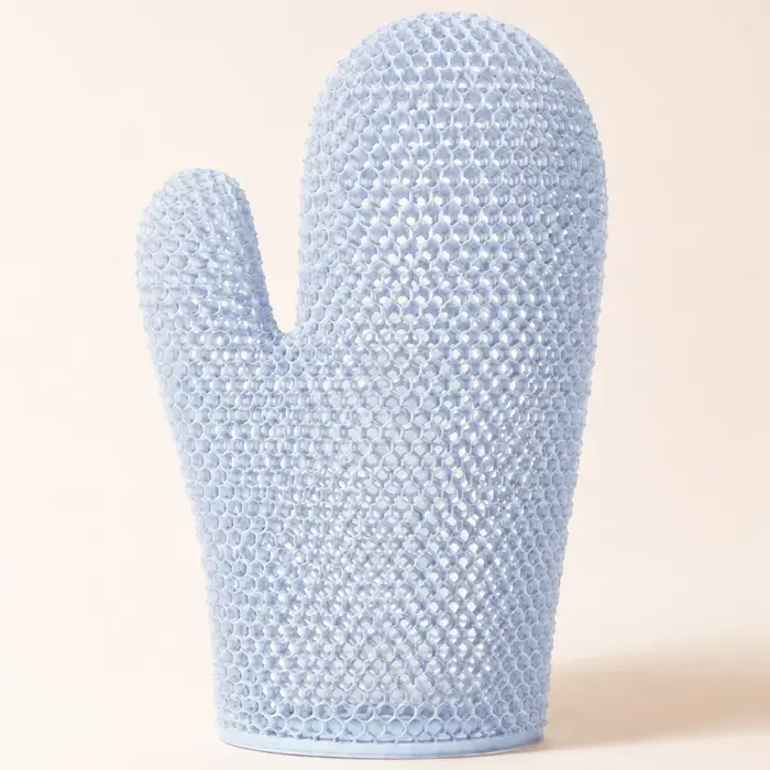 Gant de douche exfoliant avec tissage alvéolé coloré et matériau antibactérien TPU haute élasticité 
