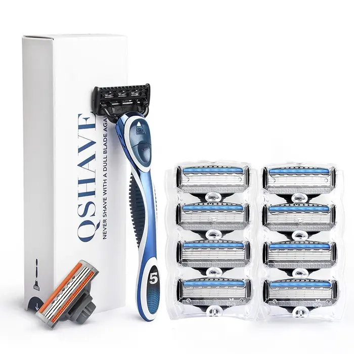 Rasoir QShave Blue Men, 1 manche et 10 cartouches (1 lame X3, 9 lames X5)