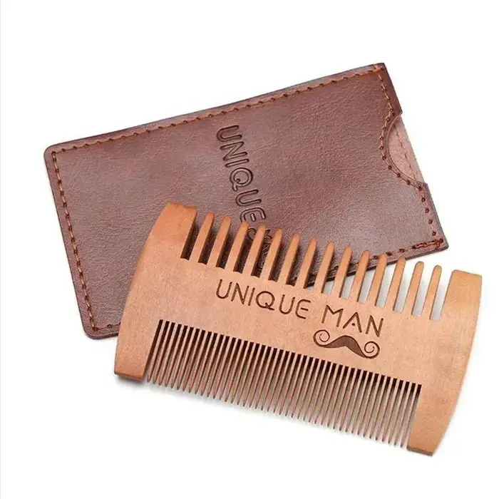 Peigne à barbe en bois pour hommes avec étui en cuir