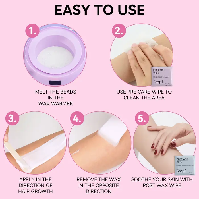 Kit chauffe-cire premium ROSEPIL 38 pièces avec pot en silicone de 450 ml et 6 sachets de cire douce à faible irritation pour différentes zones du corps