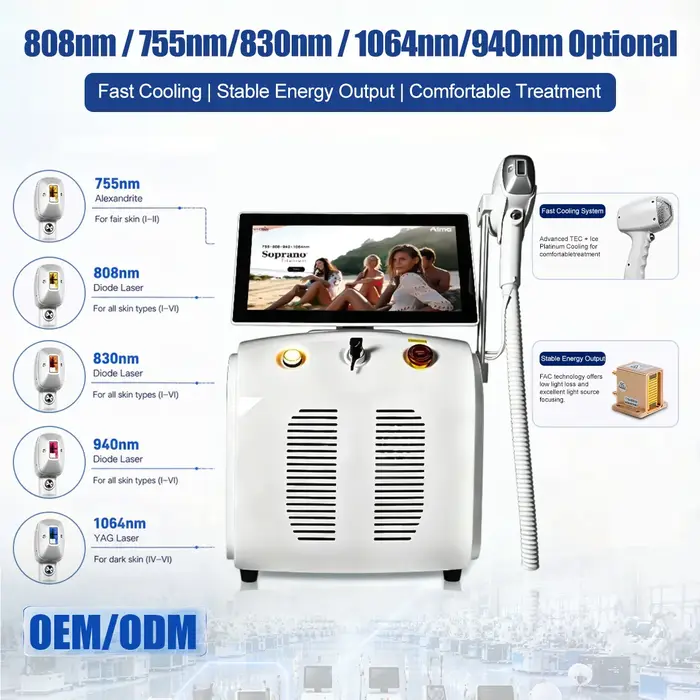 Machine d'épilation laser à diodes sans fil 808nm 755nm 1064nm, indolore et permanente, pour le corps et le visage, fonctionnement intelligent, refroidissement par air, très demandée.