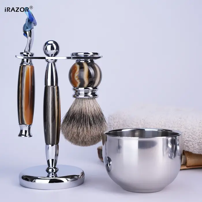 IRAZOR luxe 5 lames F5 Fusion rasoir Kit de rasage pour hommes avec poignée en résine argenté blaireau brosse à cheveux bol outil de toilettage cadeau