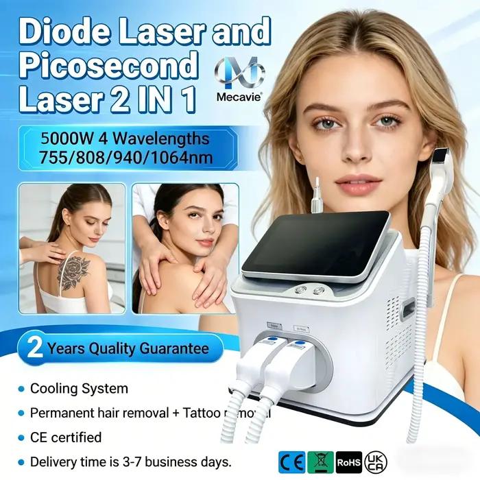 Laser Diode et Laser Picoseconde 2 en 1, Machine d'épilation au laser Diode 808 et d'élimination des tatouages avec 4 longueurs d'onde 755 808 940 1064nm
