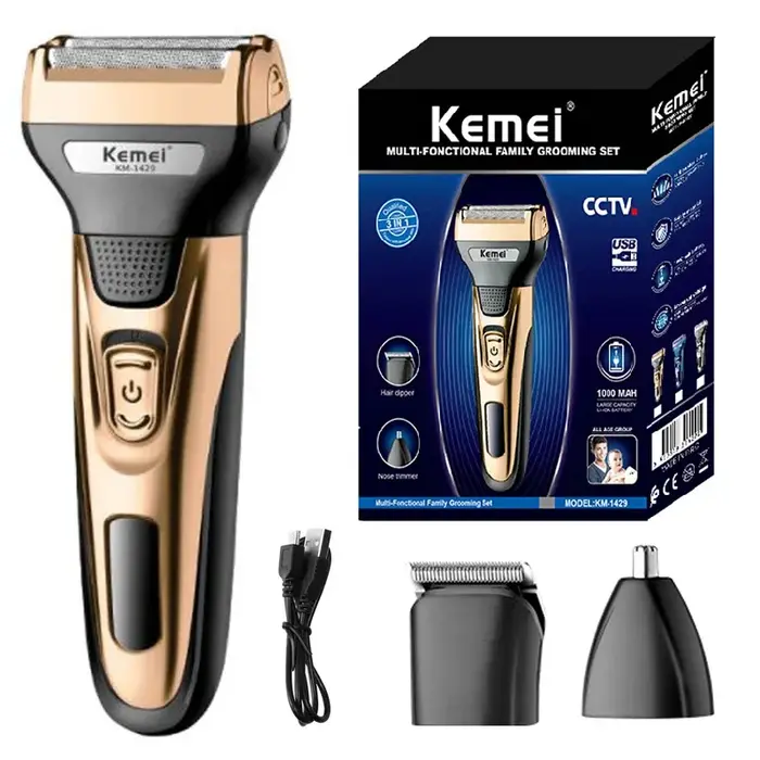 Kit de toilettage KEMEI 3 en 1, rasoir électrique pour hommes, tondeuse à barbe, tondeuse à cheveux, tondeuse à nez et oreilles, rasoir pour le visage, rechargeable