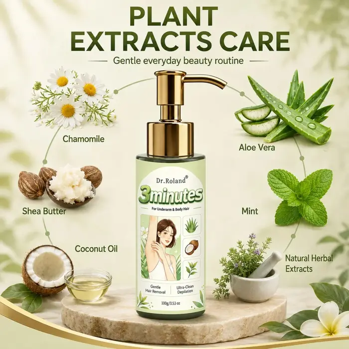 Crème dépilatoire 3 minutes à base d'extraits végétaux, douce, non irritante, sans résidus, pour aisselles, jambes, bras, visage, lèvres et zones intimes.