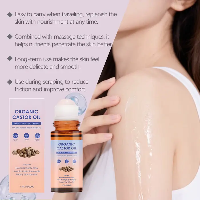 Huile de ricin biologique avec rouleau en quartz rose pour le soin du visage et du corps