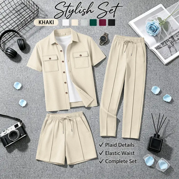 Ensemble 3 pièces polyvalent pour homme en tissu gaufré