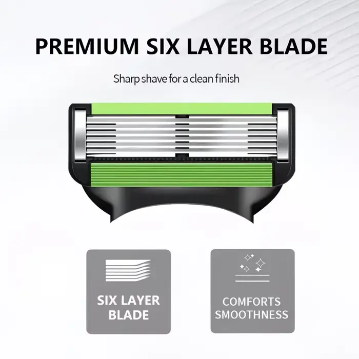 Lames de rasoir vertes améliorées à 6 couches en acier inoxydable pour peaux sensibles, rasage confortable et précis