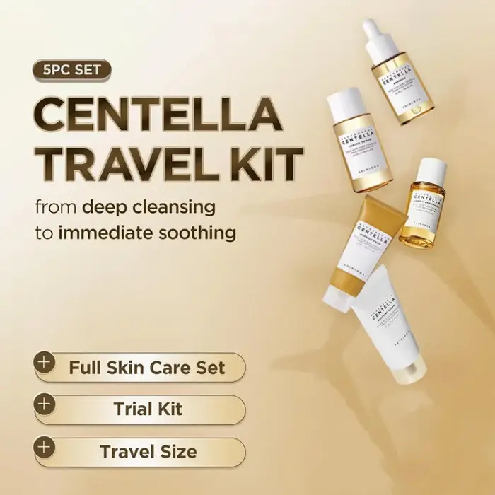 Kit de voyage coréen à la centella, tonique, ampoule, crème apaisante, huile nettoyante, mousse nettoyante, soins quotidiens de base, mini coffret cadeau de 5 pièces