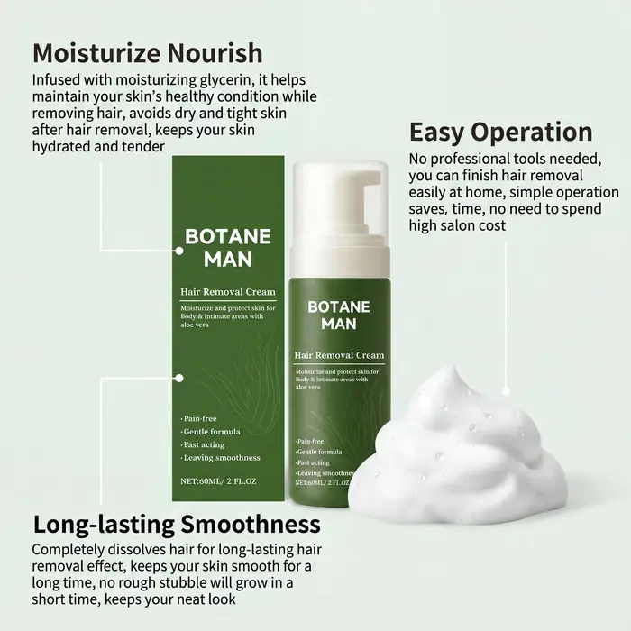 Crème dépilatoire en mousse pour une épilation corporelle indolore, apaisante après-rasage, soulageant les inconforts cutanés, crème dépilatoire douce à action rapide
