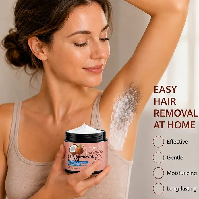 Crème dépilatoire à l'huile de coco YUITIKUE 65g - Enrichie en vitamine E, douce et hydratante pour femmes