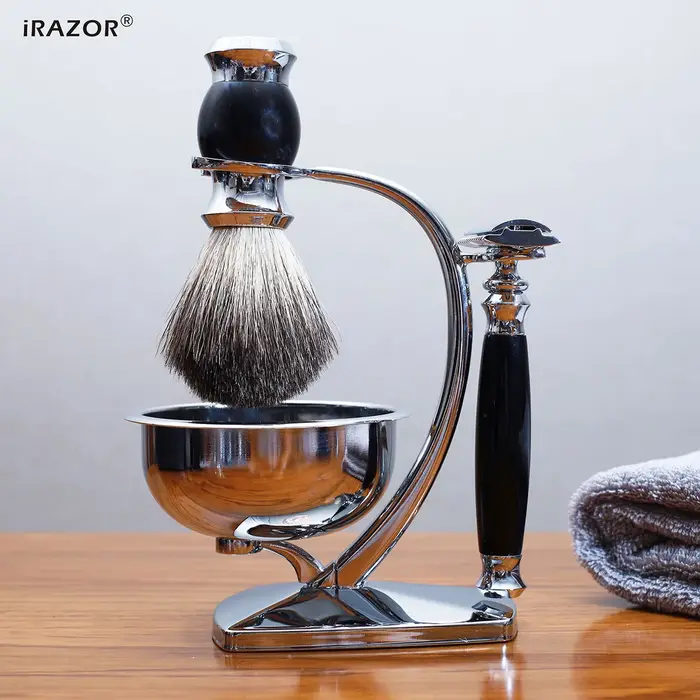 IRAZOR Ensemble de rasage classique – Rasoir de sécurité double tranchant avec 10 lames originales
