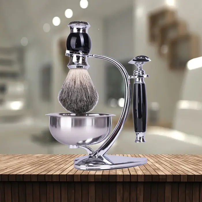 IRAZOR Kit de rasage humide pour homme avec rasoir manuel Brosse à cheveux de blaireau Bol à savon et support - Cadeau