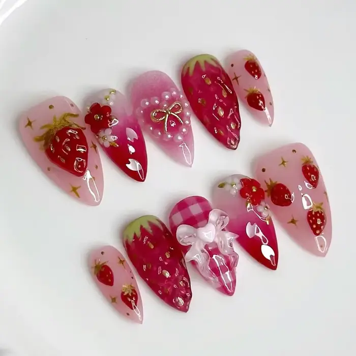 24 pièces Ins 3D nœuds papillon presse sur ongles doux fraise rose Plaid amande faux