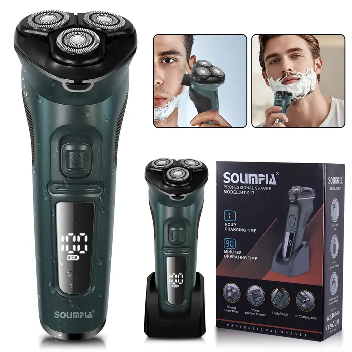 Solimpia LCD Dislay rasoir électrique étanche pour hommes humide sec cou barbe