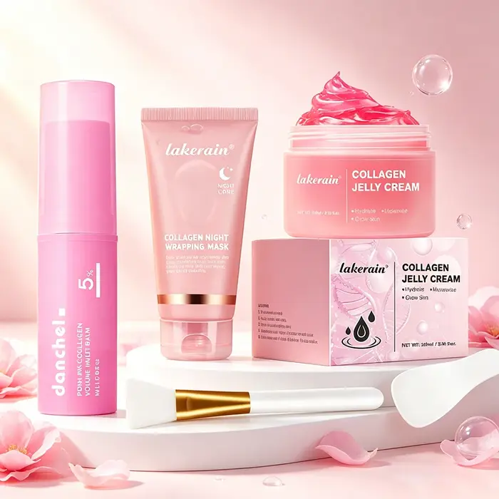 Kit de soins de la peau au collagène 4 pièces, masque facial peel-off au collagène, crème gelée et baume au collagène rose PDRN, hydratant et nourrissant