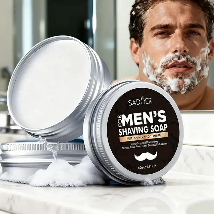 Savon à raser pour homme, contenant de l'extrait de menthe et de l'huile de fruit d'olive. La mousse