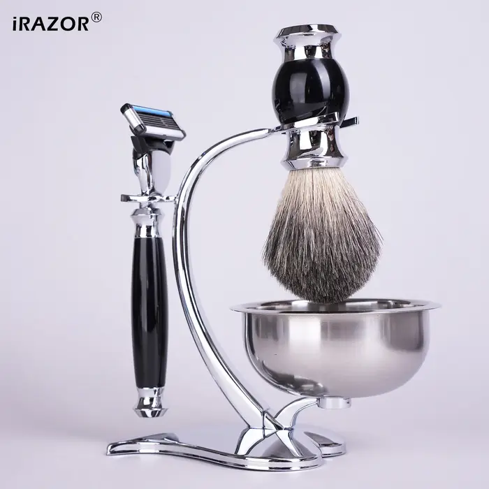IRAZOR Kit de rasage humide pour homme avec rasoir manuel Brosse à cheveux de blaireau Bol à savon et support - Cadeau