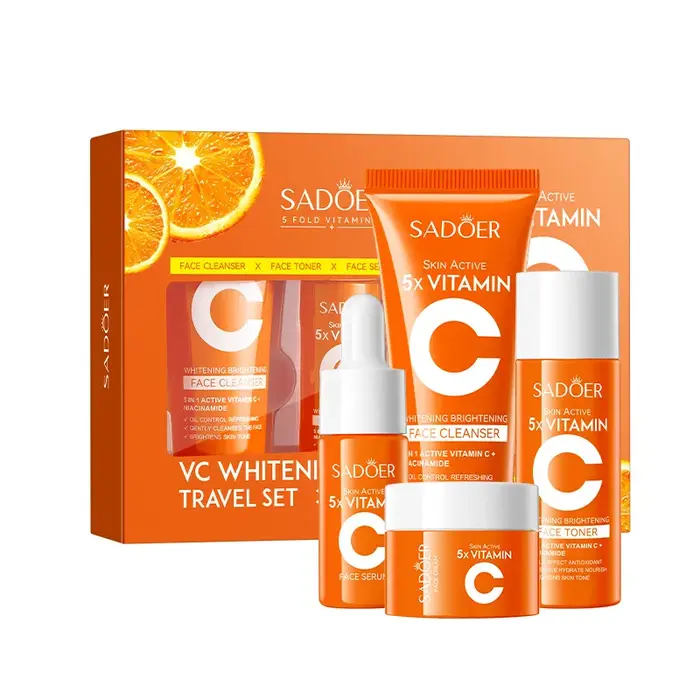 Coffret de Voyage Éclaircissant 5X Vitamine C, Hydratant, Nettoyant, Atténue Teint Terne et Sécheres