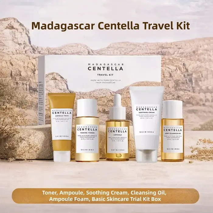 Kit de voyage coréen à la centella, tonique, ampoule, crème apaisante, huile nettoyante, mousse nettoyante, soins quotidiens de base, mini coffret cadeau de 5 pièces